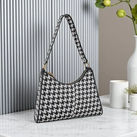 Houndstooth Baguette Shoulder Bag Black White PU Leather Y2K Streetwear Purse - Picture 3 of 14